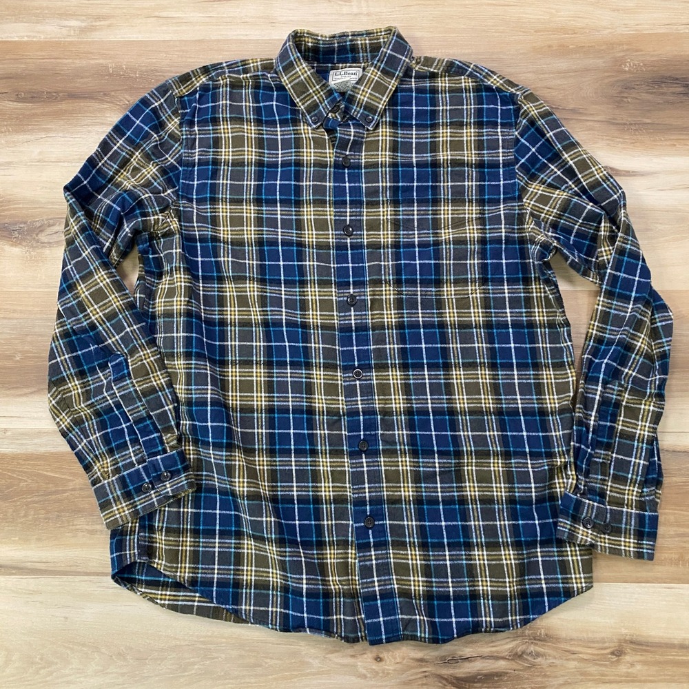 LL Bean Flannel Shirt Large L-Reg Scotch Plaid Cotton Slightly Fitted Blue Green - Picture 1 of 7